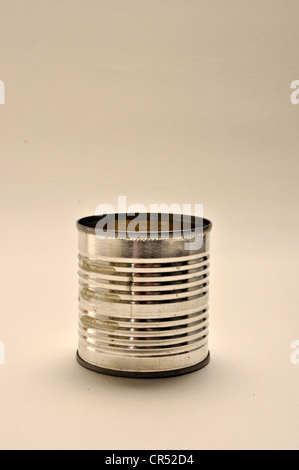 A tin can is on a plain white background Stock Photo