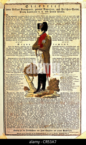 Napoleon I, 15.8.1769 - 5.5.1821, Emperor of the French 1804 - 1815, cartoon, warrant of apprehension, handcoloured print by Ernst Littfas,