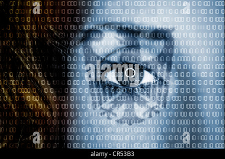 Woman's eye with the German Federal Eagle and binary numeric code superimposed over it, symbolic image for Trojan software from Stock Photo