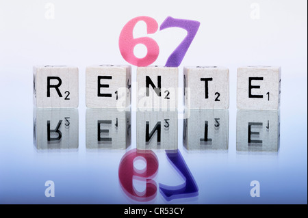 Cubes with letters forming the word 'Rente', German for 'pension', symbolic image for retirement starting at 67 years Stock Photo