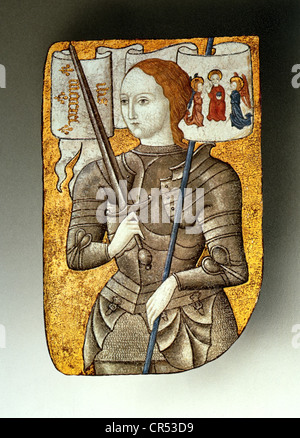 Joan of Arc, 6.1.1412 - 30.5.1431, French national heroine, half length, miniature painting, oil on panel, circa 1485, Stock Photo