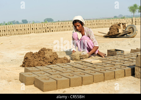 Child labour, 12-year-old girl working in a brickyard, member of the Christian minority, which is particularly affected by Stock Photo