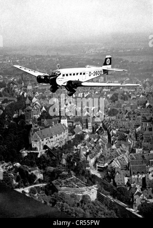 Hitler, Adolf, 20.4.1889 - 30.4.1945, German politician (NSDAP), Fuehrer and Reich Chancellor since 1933, his aircraft Junkers Ju 52, identification number D-2600, on the way to the Nuremberg Rally 1934,
