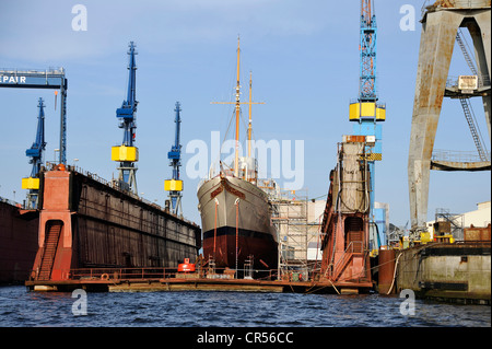 Historic ship in a dry dock of the Port of Hamburg, Hanseatic City of Hamburg, Germany, Europe Stock Photo