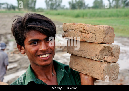 Smiling young man carrying three bricks in one hand, construction site of an irrigation canal, Basti Lehar Walla village, Punjab Stock Photo
