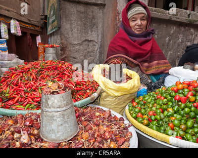 Woman selling vegetables in the streets of Kathmandu, Nepal, South Asia Stock Photo