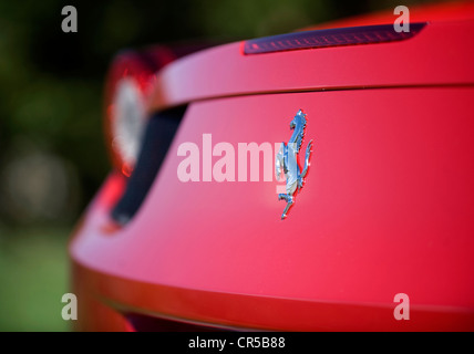 2011 Ferrari 458 Italia red Italian supercar in Modena Ferrari badge on the rear of the car Stock Photo