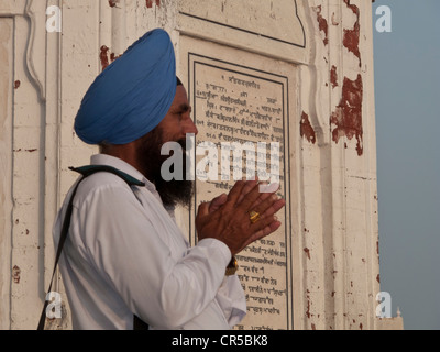 Sikh devotee praying at the entrance into the Golden Temple Complex, Amritsar, Punjab, India, Asia Stock Photo