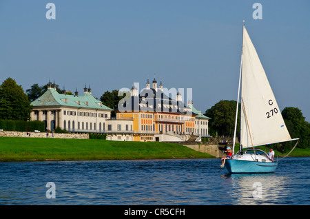 A sailboat in front of Schloss Pillnitz castle, on the river Elbe, Dresden, Saxony, Germany, Europe Stock Photo