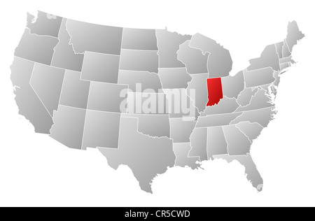 Political map of United States with the several states where Indiana is highlighted. Stock Photo