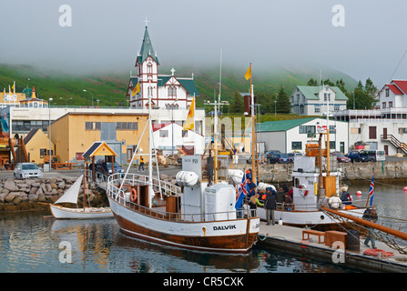Iceland, Nordurland Eystra Region, Skjalfandi Bay, Husavik, harbour and boats Stock Photo