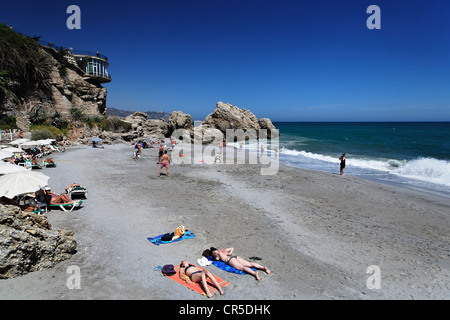 Spain, Andalusia, Costa del Sol, Nerja, Playa del Salon, with the Balcon de Europa in the background Stock Photo