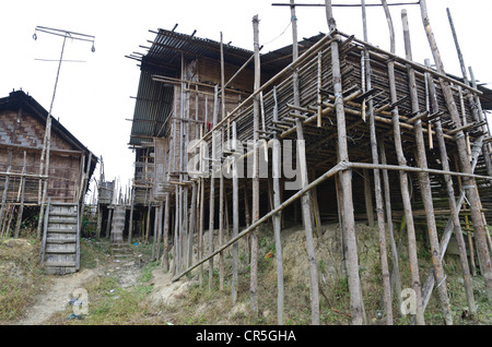 Traditional houses of the Apatani tribe in Hong village in the hills of the Ziro area, Arunachal Pradesh, India, Asia Stock Photo