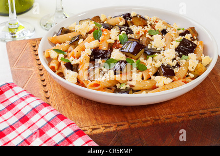 The national dish of Sicily, Pasta alla Norma tastes wonderful. Stock Photo