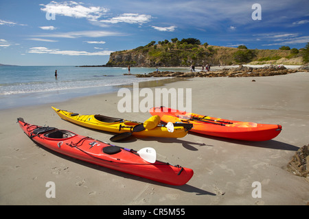 Kayaks on beach near Doctors Point, and Mapoutahi Pa, Historic Maori Pa Site, north of Dunedin, South Island, New Zealand Stock Photo