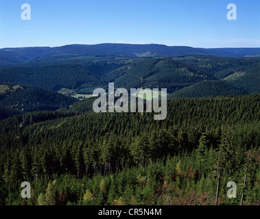 View across the Thuringian Forest, Thueringer Wald, from the lookout tower on Mt Kickelhahn towards Mt Schneekopf near Ilmenau Stock Photo
