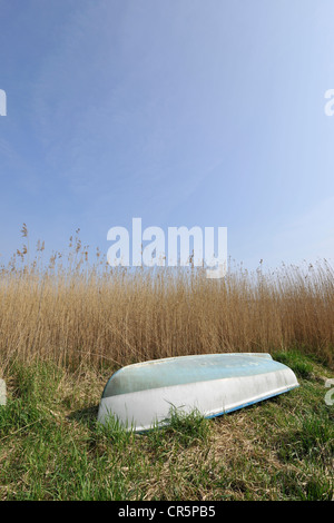 Small boat lying upside down on a surface made of reeds and grass under a blue sky, with space in the sky for text, Ruegen
