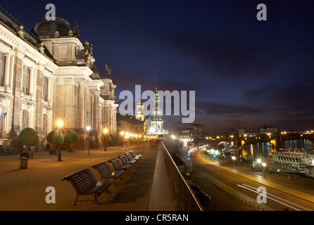 Bruehl's Terrace, night scene with the Academy of Art, Sekundogenitur building, Staendehaus, Catholic Church of the Royal Court Stock Photo