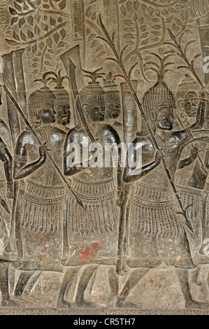 Detail of the bas-reliefs of the Southern Gallery, dedicated to King Suryavarman II, the builder of Angkor Wat and to his army, Stock Photo