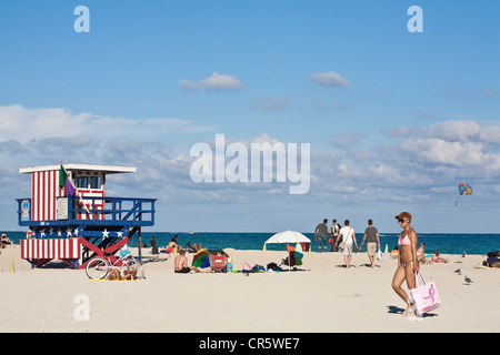 United States, Florida, Miami Beach, South Beach, life saver cabin with the colours of the American flag on the beach at the Stock Photo