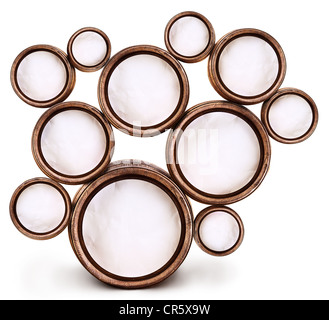 Abstract design of round shapes in the form of beer barrels on a white background. Inside the barrels textured watercolor paper. Stock Photo