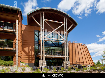 Canada, Quebec Province, Quebec City, Wendake, Hurons Amerindian Reservation, Premieres Nations Hotel and Museum, terrace of Stock Photo