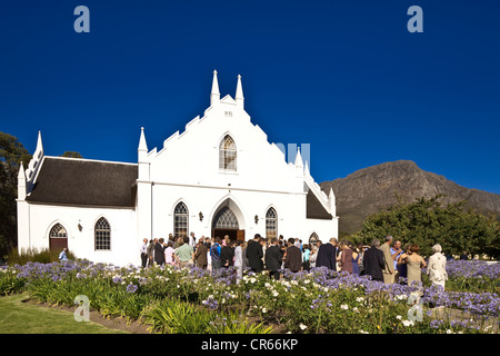 South Africa, Western Cape, Franschhoek, Dutch reformed church dated 1847, leaving mass Stock Photo