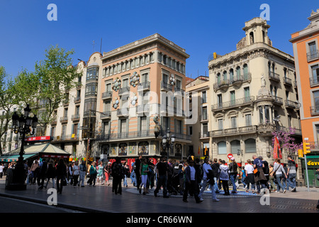Spain, Catalonia, Barcelona, Rambla de Sant Josep, at the level of Joan Miro Mosaic, with the modernist building Casa Bruno Stock Photo