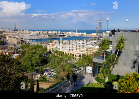 Spain, Catalonia, Barcelona, Port Vell (Old Port), Rambla del Mar Footbridges by architects Helio Pinon and Albert Viaplana and Stock Photo