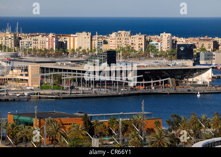 Spain, Catalonia, Barcelona, Port Vell (Old Port), Rambla del Mar Footbridges by architects Helio Pinon and Albert Viaplana and Stock Photo