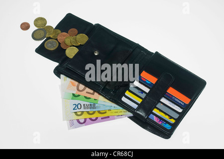 Open wallet with euro banknotes, coins and card compartments Stock Photo