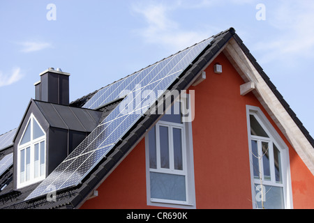 Europe, Germany, Bavaria, Munich, Solar panels on roof Stock Photo