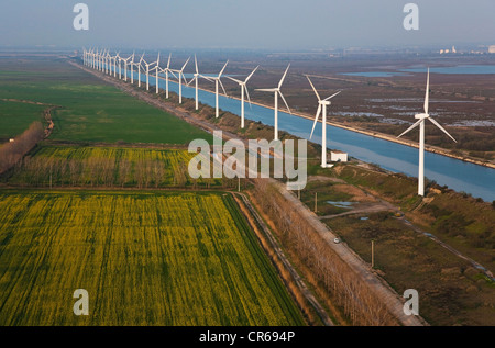 France, Bouches du Rhone, Camargue, canal of the National Company of the Rhone River, Fos sur mer Wind Farm, 850 kw, 25 wind Stock Photo