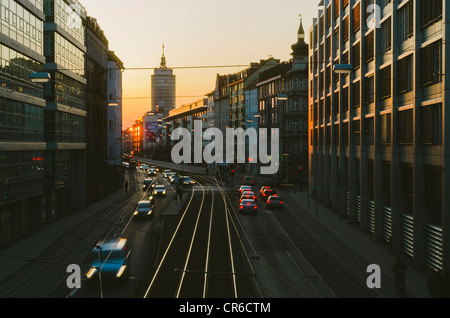 Germany, Bavaria, Munich, Traffic at Landsberg Street during dusk Stock Photo