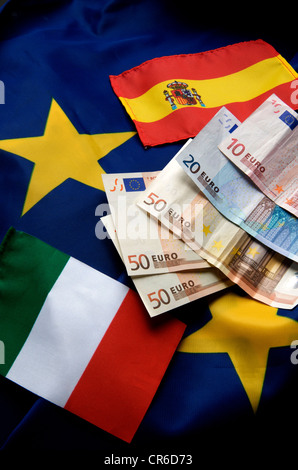 Italian and Spainsh flag and euro banknotes Stock Photo