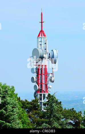Tower with radar and antena against blue sky Stock Photo - Alamy