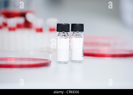 Germany, Bavaria, Munich, Test tubes and petri dishes for medical research in laboratory Stock Photo