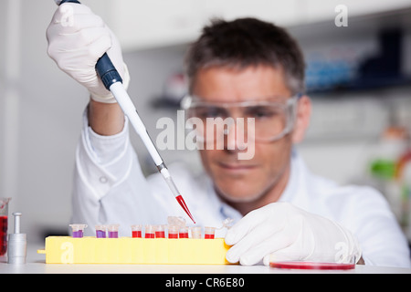 Germany, Bavaria, Munich, Scientist pouring red liquid with pipette in test tube for medical research in laboratory