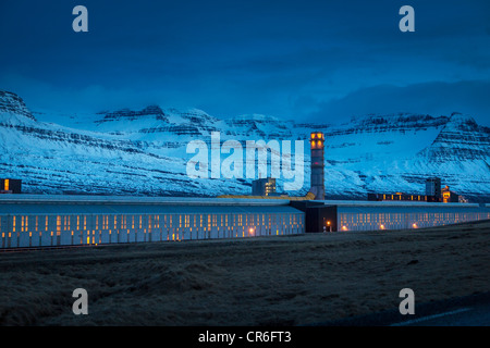 Winter light, Aluminum Smelter powered by geothermal energy, Faskrudsfjordur Iceland Stock Photo