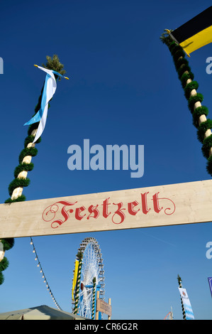 Entrance to the historic Wies'n, wooden sign labelled Festzelt, German for festival tent, Oktoberfest 2010, Munich Stock Photo