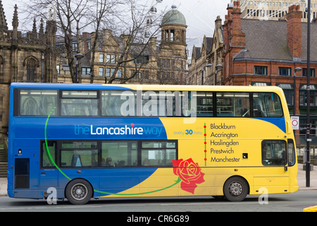 Bus on the Manchester to Blackburn route, branded 'The Lancashire Way', operated by Transdev on Victoria Street in Manchester. Stock Photo