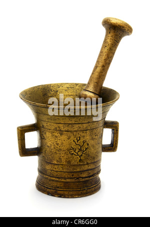 Antique bronze mortar and pestle isolated on white Stock Photo