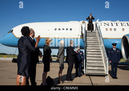 US President Barack Obama disembarks Air Force One upon his arrival at Joplin Regional Airport May 21, 2012 in Joplin, MO. Stock Photo