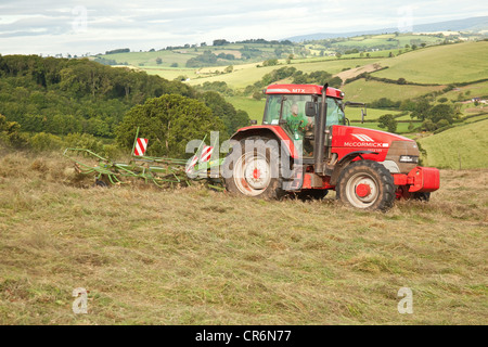 Farmer in a tractor making hay, South Hams hills, Totnes, Devon, England, United Kingdom. Stock Photo