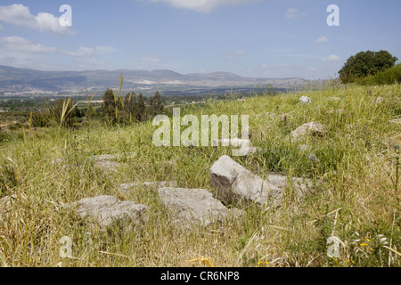 Architectural blocks of limestone at the Omrit archaeological site, Israel Stock Photo