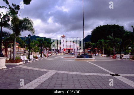 Central Square in Adjuntas Town with a Catholic Church, Puerto Rico, Stock Photo