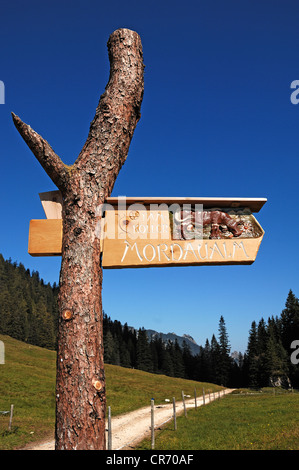 Signpost to Mordaualm, altitude 1200m, mountain pasture with inn, near Ramsau, Upper Bavaria, Bavaria, Germany, Europe Stock Photo