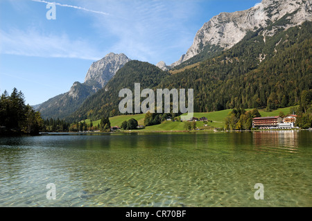 Hintersee Lake with Mt Reiteralpe, right, and Mt Muehlsturzhoerner, left, Hintersee, Ramsau, Upper Bavaria, Germany, Europe Stock Photo