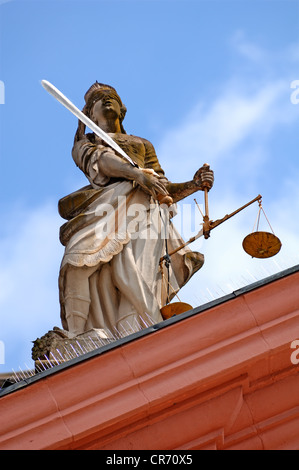 Statue of Justitia, Lady Justice, on top of the neo-classical town hall, 1784, Am Markt, Gengenbach, Baden-Wuerttemberg Stock Photo