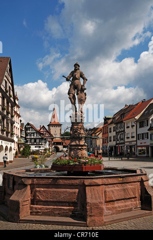 Statue of a knight on Roehrbrunnen fountain, coat of arms on the shield, 1582, by Max Spranger from Strasbourg, Haigeracher Tor Stock Photo